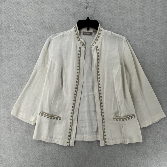 Chicos 100% Linen Jacket Womens 0 (SMALL) Open 3/4 Sleeve Pockets Collarless - Picture 1 of 14